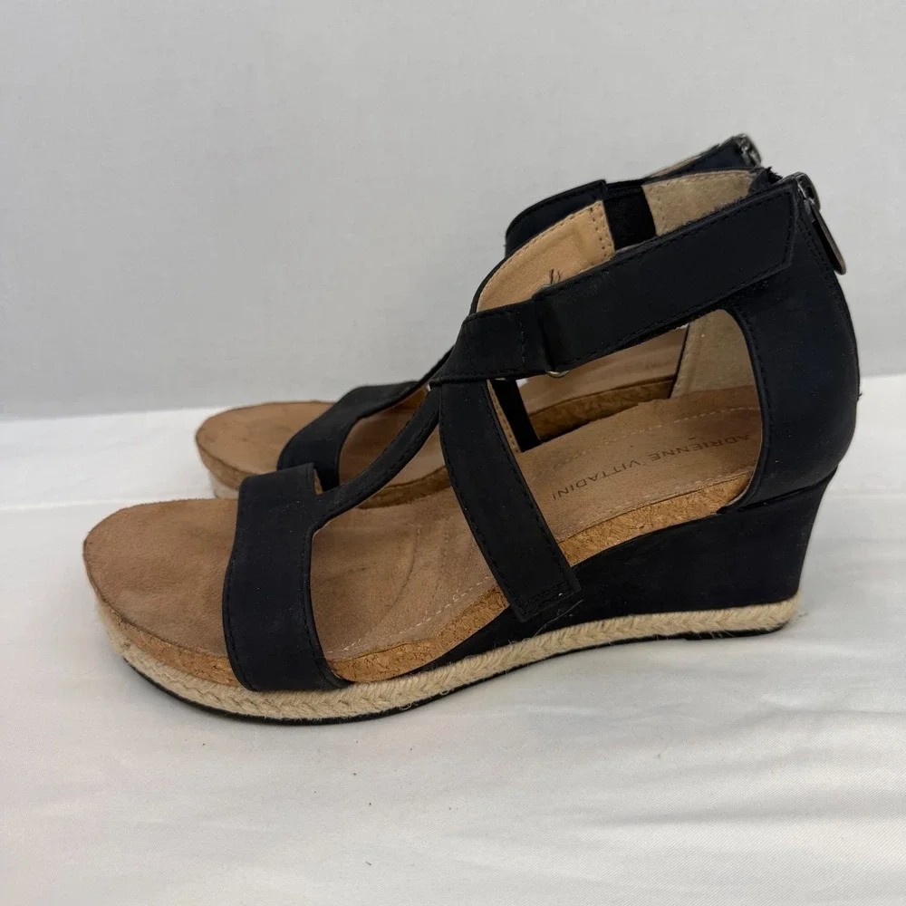 Adrienne Vittadini Thurston Black Strappy Espadrille Wedge Sandals Womens 7.5M